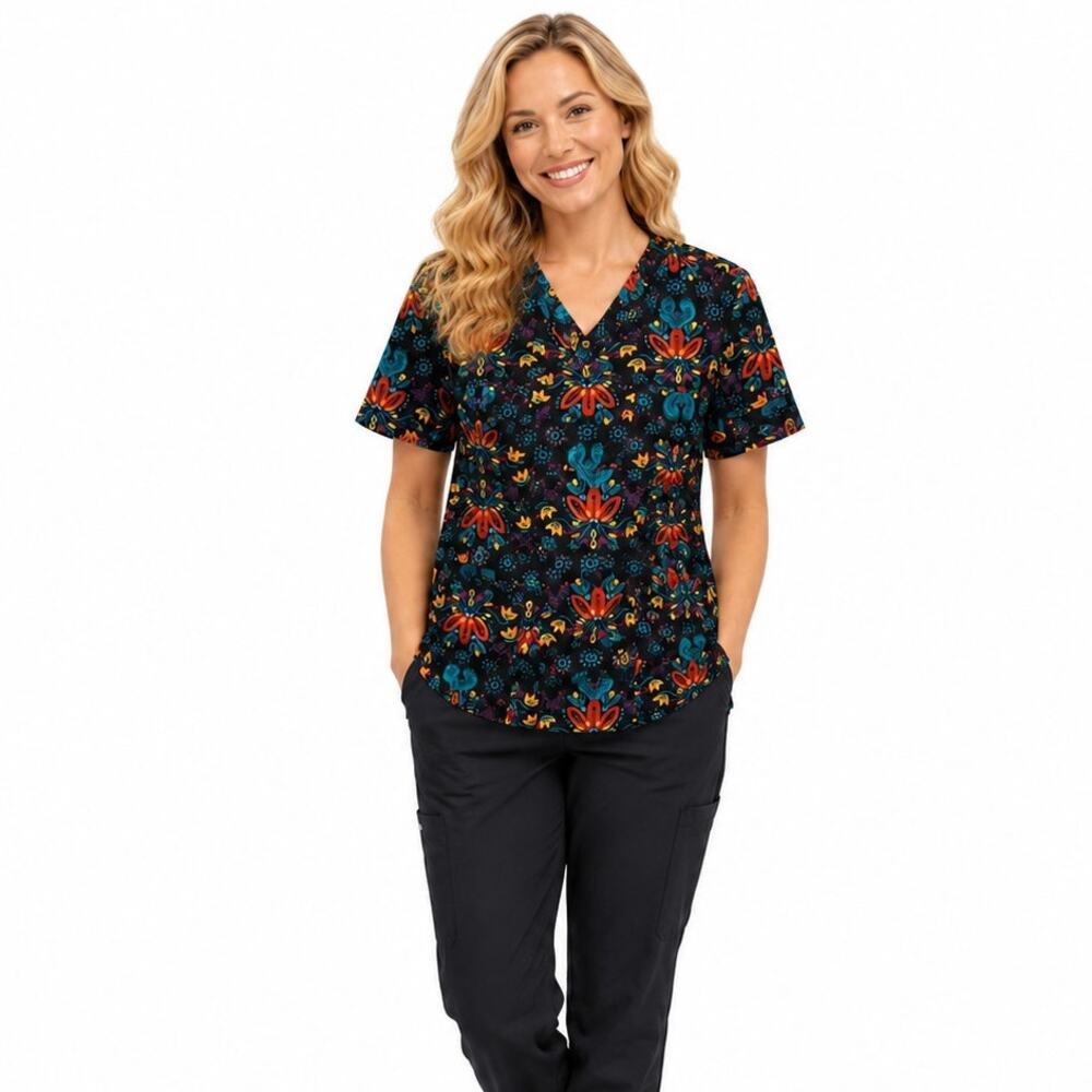 GT Performnce Black Printed V Neck Scrubs Top, S